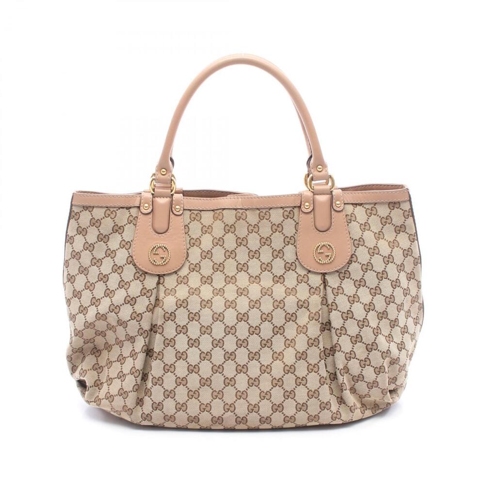 Gucci Scarlett Handbag Canvas Leather Beige Brown Pink